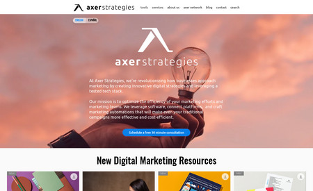 Axer Strategies: Axer Strategies, based in Dallas, Texas, stands out as a dynamic marketing agency that excels in delivering comprehensive marketing solutions. Our expertise spans across marketing consulting, strategy development, technology integration, and nearshore marketing services from Latin America and Mexico. We're recognized for our ability to craft customized, data-driven marketing strategies that resonate with diverse business needs.

In showcasing our skills and expertise, we took a hands-on approach in creating our own website. This project was a testament to our team's proficiency in utilizing the latest digital tools and technologies. By designing and developing our website in-house, we effectively demonstrated our capabilities in digital marketing and web development. The website not only serves as our digital footprint but also as a portfolio piece that reflects our dedication to quality, innovation, and the integration of advanced marketing technologies.

This self-built website is a clear example of our commitment to utilizing cutting-edge technology and creative strategies to deliver outstanding results, both for ourselves and our clients.