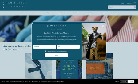 JamesStreetMenswear: When the owner of James Street Menswear decided to expand their presence by opening up a website, they knew it was essential for any online design and branding to reflect the in-store experience shoppers were used to. We took on the challenging task of transferring their brick-and-mortar store's unique atmosphere and charm onto their website, and we are very proud of the results. The website for James Street Menswear is undeniably stylish, professional, and a reflection of the quality of fashion one can expect from every purchase made there. The website features an online store, with a custom coded Mega Menu that invites intuitive navigation through the different departments by the means of visual links embedded into the menu.