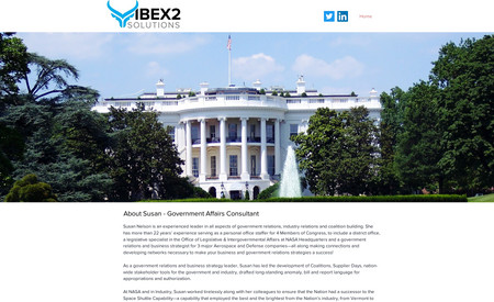 IBEX 2 Solutions: Award-Winning Website (8th Annual International Web Excellence Awards) for a Government Affairs Consultant. One-page, responsive, and content enhanced.