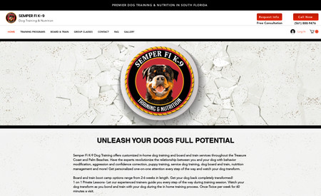 Semper Fi K-9: We're thrilled to share the successful development of the website for Semper Fi K9, where our primary focus was to create a user-friendly platform. The website is strategically designed to facilitate easy client interaction, featuring a 'Call Now' option and streamlined quote requests. Clients can seamlessly explore comprehensive information about the dog training services offered, ensuring a clear understanding of Semper Fi K9's expertise. Additionally, stay tuned for an upcoming ecommerce side, where visitors can conveniently purchase dog food, expanding the website's functionality to meet both informational and transactional needs.