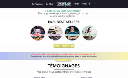 Warm'N Up: Site web E-commerce de vente de programmes sportifs en ligne.
Site web référencé au niveau national, France.
Service de prise de rendez-vous en ligne.
Wix Video.
Site web sur-mesure développé avec Velo.