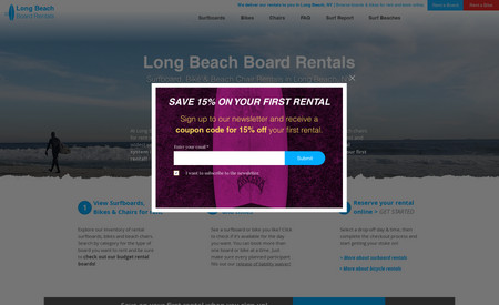 Long Beach Board Rentals: Looking to rent a bicycle or surfboard in Long Beach, NY? Long Beach Board Rentals offers the ability to reserve the exact bike or surfboard you want directly through their website. The renting functionality is supported by an integrated third party application designed specifically for rental business. This site sits at the top of search results of bike and surfboard rentals in Long Beach, NY.