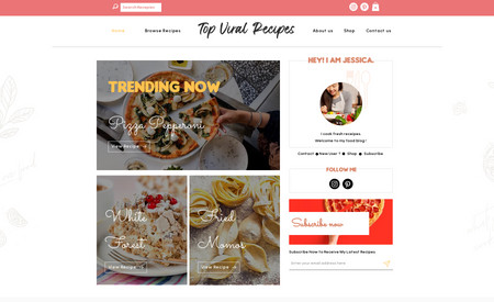 Top Viral Recipes: Food Blog based website on Wix with modern layout, bright and colorful color palette, theme based design adhered to the service line.