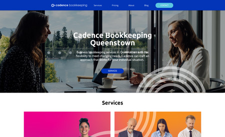 Cadence Bookkeeping: Custom Wix website using our Starter Website & Marketing Combo. The site was built from scratch - we designed the logo, brand style, look and feel and wrote the content. We also provide ongoing advertising through our advertising subscription service.