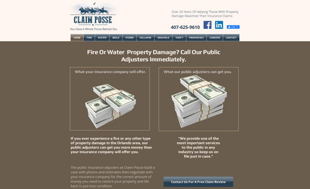 Claim Posse: The homepage of this site has a very powerful flow to it. First it draws you in with more money, then shows the claims they handle, the steps they take, areas of operation, and what will happen if you don't hire them. Then, all of the services pages ask the same question and show a different type of person that doesn’t seem worried about having property damage. Why? Because they have a whole posse behind them. Claim Posse. This is that expensive style of advertising that stays with the viewer but I don’t charge a lot for because I’m fast and good. 