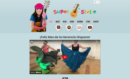 Super Stolie: This charming site includes a lot of features! It is linked to different music and video platforms. It is set up for downloaded classes, live zoom parties, and more. It features custom buttons and has a contemporary feel to a playful theme.