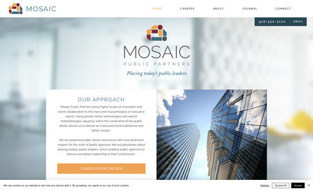Mosaic Public Partners: Mosaic Public Partners bring higher levels of innovation and client collaboration to the tried-and-true principles of executive search. Using private sector technologies and search methodologies, squarely within the constraints of the public sector, allows us to deliver an improved client experience and better results. 