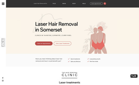 The Hair Removal Clinic: Modern and welcoming website for Laser Hair Removal Clinic, presenting service portfolio and generating bookings through to a separate booking calendar.