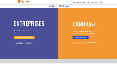 You.jobs: Agence d'Interim 100% digitale.
API de sélection de candidats.
Passage de commande en ligne.
Suivi de mission et relevés d'heure.
Espace Intérimaire et client.
Application mobile.

