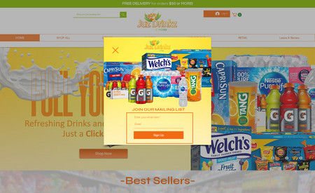 Juzdrinkz: Website design for an online snack store.