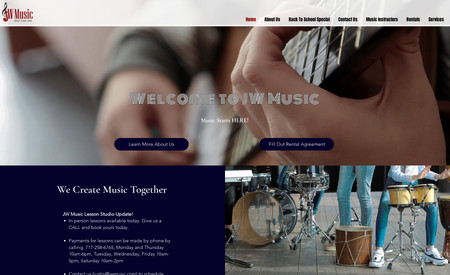JW Music: JW Music is a heavily used website. They rent instruments to student at local schools. It has online rentals with payments and a database to track everything. We built this using the WiX Content Management System (CMS). This makes it extremally easy for them to update instrument availability and pricing with out compromising the website design or mobile website.