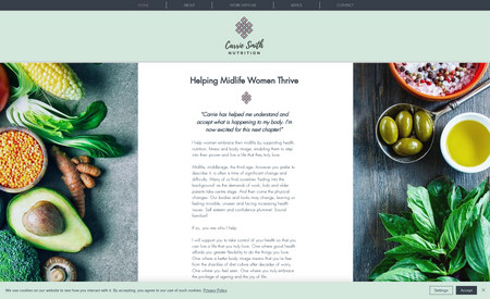 Carrie Smith: I designed the website from scratch, as well as helping to develop the branding and colour theme from her existing logo, which she then used across her social media as well as tasking me with designing a recipe card and client report for her.