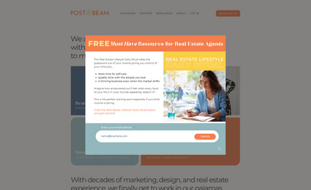Post & Beam: Post & Beam helps real estate agents with marketing and design. Their site includes:
- Social media feed
- Calendly integration
- Paid Courses
- Blog
- Pricing information