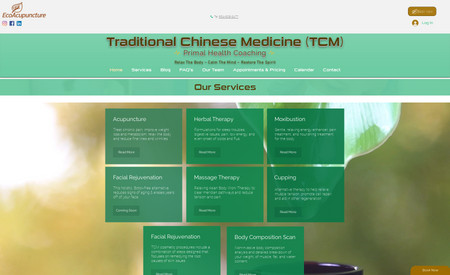 Eco-Acupuncture, LLC: Classic Website Design: This site provides all of the treatment options available to their clients with convenient access to an external electronic health record site for appointment bookings.