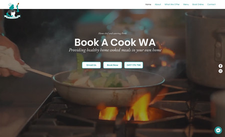 Book a Cook WA: In this project, Wolf Web Designs was approached by Sue from Book A Cook WA. While she had no idea of what she wanted, she knew exactly what she didn't want! For this design, we spent time understanding her goals, needs and aesthetic goals and visions, and worked up a design miracle! We presented our final design to her and within less than a week, we had a perfectly balanced website that best suited herself and her clients.

For this website, we did the following:
-	Set up an extensive menu, complete with titles, photos and descriptions
-	Set up immersive hover boxes and engagements for the user
-	Embed an external booking form using HTML and iFrame elements
-	Set up social media links as well as links to email addresses, phone numbers and forms
-	Use a variety of effects, such as parallax, to create a more immersive user experience
-	Integrated Facebook Messenger to their site, allowing customers to contact her directly
-	Optimised the display for desktop and mobile devices

We were also tasked with completing their SEO which included:
-	Creating, analysing and prioritising keywords
-	Setting up their on-page SEO through an established header structure
-	Completing all required meta titles and descriptions
-	Adding their website to Google Search Console
-	Indexing all sitemaps
-	Crawling all applicable pages
-	Watching SEO and ranking trends over time

Lastly, we also set up their Google 'Business' Profile which included:
- Verifying their status as a business owner
- Adding all relevant information: name, location, address, website, and contact methods
- Uploading photos of meals
- Setting up a fully immersive and useable menu