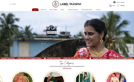 Label Taashvi: South Indian Fashion Store Website with Inbuilt Wix Ecommerce Store designed to suit clients Authentic Indian Apparels.