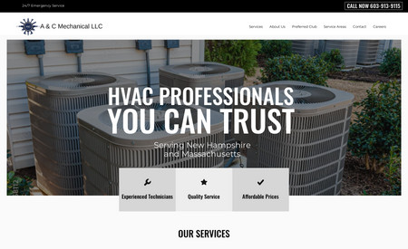 A&C Mechanical: We developed this website for a HVAC contractor in New Hampshire. Our team lead the WIX website design, website flow, content, graphic design and SEO strategy for the website launch. In this particular case, the client did not have any content and our team was able to collaborate with their team to make the process simple and easy to digest and approve for the client. We also assisted in their Google Business Page set up and optimization. 