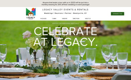Legacy Valley Events: Wedding Venue Website, including logo design and featured photography of venue amenities.