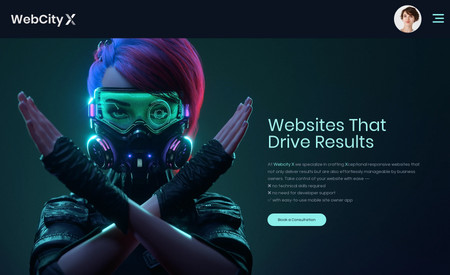 WebCityX: A website for a web design studio specializing in creativity and visualization . Features AI site assistant welcoming the visitors and motivating to explore further.