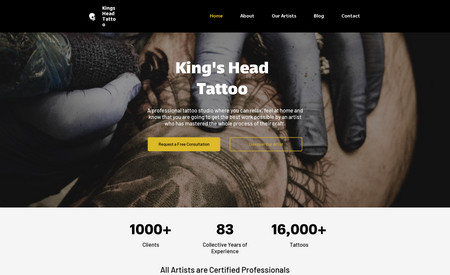 Kings Head Tattoo: Kings Head Tattoo is a tattoo shop located in California. The SugarFree Designs team partnered with them to build a custom and unique website that focuses on the artist's work rather than the artist. By viewing pieces of work, you will be led to the artist who created it and have the ability to contact them directly. 