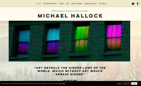 Michael Hallock Author: Michael is a new author who wanted a stylish website to collect email addresses and promote his new novel. The theme and colours are inspired by the book cover and is modern and contemporary. The website is designed to collect email addresses and encourage users to purchase the book.

Michael's Review ⭐️⭐️⭐️⭐️⭐️

"I can't imagine having a better design experience than working with Stuart. Here are my reasons:
1. Expertise and experience. Whatever you need, within reason, Stewart has the know-how to make it happen, in terms of both aesthetics and organization. Not to be overlooked is the fact that he uses a platform that makes it easy for someone to maintain their own site going forward. And as a bonus Stuart patiently takes you through a tutorial

2. Responsiveness. Never a maddening delay in responding with Stuart. And if you have never used the Reedsy portal before, it collects all communications in one place so all parties know exactly what's going on.

3. Enthusiasm. This is something of great importance that is often overlooked. Stuart has great enthusiasm and energy. And trust me when I tell you that not all people in the book services field possess this quality. There is certainly nothing wrong with making a buck, but one would hope there's a little more to it than that. There's a lot more to it than that with Stuart.

4. Feel free to check out my site as evidence. www.michaelfhallock.com."

Michael Hallock, October 2021 ⭐️⭐️⭐️⭐️⭐️