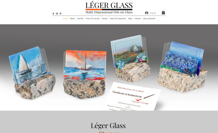 Léger Glass: A unique way to portray subjects and landscapes, Léger Glass uses depth among multiple panels accompanied by beautiful oil paintings to create these crafty little pieces of art. The site's e-commerce store is set up for ease of use and the elegant site style helps customers recognize the brand and familiarize with its artistic demeanor. Created by Henry Patricy