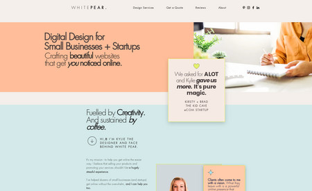 White Pear: Portfolio site to showcase my services and encourage my clients to make contact.

Includes:
Design Folio
Get a quote questionnaire
services offered
Social media feed

and more!
