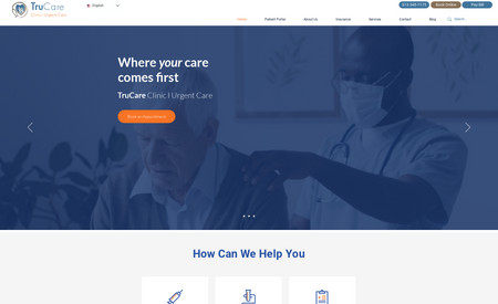 Trucare: Design Concept:
The website for TruCare Clinic and Urgent Care emanates a serene and medical-professional atmosphere, combining a palette of calming blues and clean whites. Easy navigation is ensured through a simplistic menu, with quick access to services, contact information, and online booking for both children and adults.
Features:
The homepage highlights the clinic’s commitment to high-quality medical care through prominent display of credentials, testimonials, and services offered. A real-time chat support is implemented for immediate assistance, while the integrated Google Maps feature assists users in locating the clinic in Minneapolis, Minnesota.
