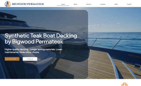 Bigwood Permateek: A responsive, high end yacht decking website with service breakdowns, FAQ's and trade-specific content.