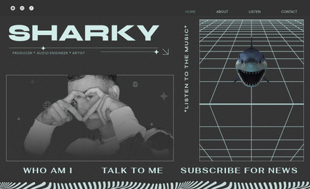 Sharky's Music: Studio website designer and build with Interactive Animations. Created for Aaron Clark AKA Sharky, Musical Artist / Producer / Audio Engineer. Design inspiration was; Brutalism Poster Design, Futurism, Creativity and of course, fantastic Music.