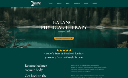 Balance PT Issaquah: Brand Redesign & Website Build. Performed a website migration & redesign. Made sure to transfer the 40 pages to the new website to keep the SEO equity they have built up over the years. Designed a new logo for them. Redesigned the website with foundational SEO to improve search ability in Google Search.