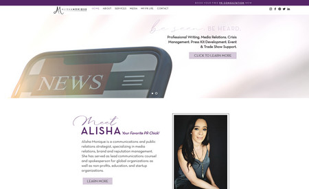 Alisha Monique PR: Alisha Monique PR is a prominent personal brand with an extensive reach in the public relations industry. While satisfied with her brand identity, Alisha sought a website redesign service to address her growing business and emphasize the new services she provides. Our team developed a modern website design that skillfully merged her personal and business personality, resulting in a compelling and cohesive online presence. We are delighted to showcase her exceptional services and take great pride in delivering a website that exceeds her expectations.
