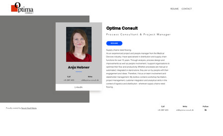 Anja Hebner / Optima Consult: Optima Consult drives af Anja Hebner, der er Business Process Consultant. Hjemmesiden er et online visitkort med et CV og info vedrørende tidligere projekter.