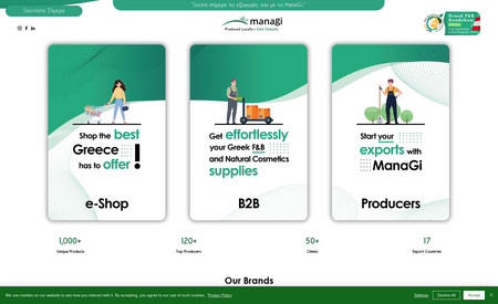 Managi.eu: Managi.eu is an ecommerce retailer, an exports company and a food marketing consultancy which focuses on Greek FMCG products. We created a clean an minimal layout which attracts the visitor and aids the B2B producers to maximize their growth through Managi's services. 
