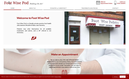 Foot Wise Pod: Redesign of old Wordpress site. Incorporating bookings and fully mobile compatible.