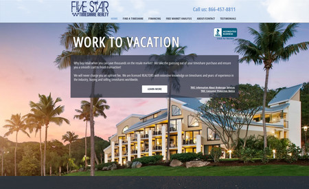 Five Star Timeshares: Timeshare realty website, designed to customer specs. Built in a search tool and repeater for their available rentals/sales. 