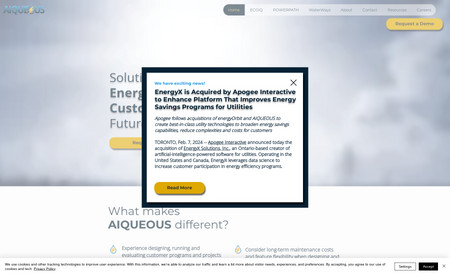 AIQUEOUS: AIQUEOUS is a digital software company that partners with Carasoft and Salesforce. Their firm amplifies the impact energy & water utilities have on their communities. Their site not only creates user experience, but it focuses on customer, program, and partner management - bridging the gap between utilities, it's consumers, and partners.