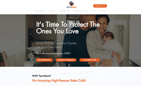 Landing Page | TermHero: Insurance brokerage landing page for lead generation.  Dynamic Page design for infinite client/partner pages with custom URLs.
- Graphic Design
- Database / Development
- Mobile Optimization
- SEO Optimization
- Branding & Copywriting