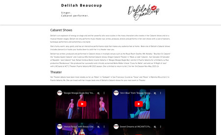Delilah Beaucoup: One page website for client who is a performing artist to help generate bookings.