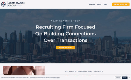 Adam Search Group (Multi-Page Site): Adam Search Group is an executive recruiting firm that values building connections over transactions. The owner, Ryan, is extremely passionate about being reliable and a true partner to the people that he works with. With thorough strategy, we narrowed down his brand messaging and values to help develop a brand identity and website design that outlines his services and to help attract high-quality leads for the people and businesses he partners with.

Services:
• Brand Strategy
• Visual Brand Identity
• Wix Website Design & Development
• Search Engine Optimization
• Analytics and Tracking Integration
• Print Marketing Materials