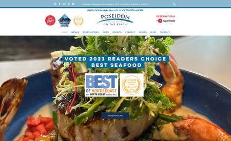 Poseidon Restaurant Del Mar: Client needed a clean and efficient website to showcase their (menus integrated with they iMenuPro program), facility images, food images, ease of reservation and gift card purchases. Site contains a group booking form feature, mobile layout and forms.