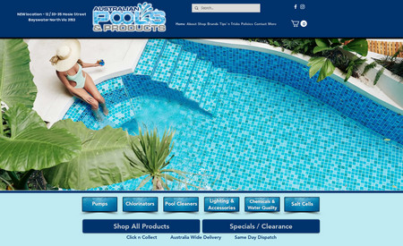 Aust Pools & Product: I Designed their logo and branding and then made this website from scratch. A pool shop site with over 700 products on offer. You can shop by product or brand. Or you can search in the menu bar
