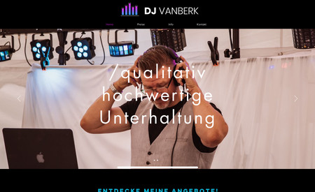 DJ VANBERK: Event- und Party-DJ. Schlicht und doch ästhetisch ansprechend, erfüllt die Seite ihren Zweck.