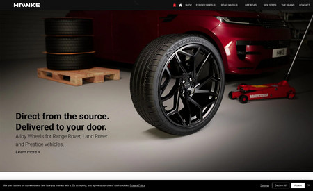 HAWKE Styling: This website was built to showcase the stunning alloy wheel designs from HAWKE. Based in the UK, HAWKE specialise in alloy wheels for Range Rover and other prestige marques. We built a unique tactile 'view' on scroll, which shows the finer details of wheels when moving the mouse over the image. It's lighter and more responsive than video and works beautifully. All the imagery on this website is created in 3D, including all the vehicle and product images. 

Everything is optimised to help the user find the wheels that fit their vehicle, and take them through to checkout quickly with seamless Wix stores integration.