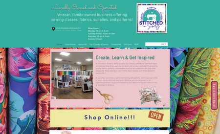 Stitched In Schertz: Advanced Site with bookings for sewing classes and events.  As well as external link to Square Online Sales that links to retail location inventory. 