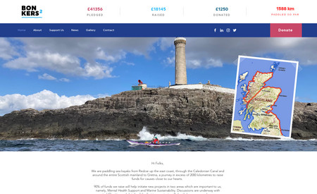 Bonkers Squared: Charity website for 2 people fundraising by kayaking around the UK.