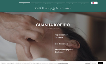 Alexandre KOBIDO: Site vitrine du Champion du monde du massage facial : Guasha-Kobido by Alexandre©
Ce site contient le flux automatique Instagram, deux formulaires, un livre d&#39;or, une page A Propos, une page de services.