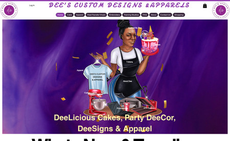 Dees Custom Designs & Apparels: Animated eCommerce Complete website with thousands of products, special submission forms, customized apparel, and cake ordering forms.  This website is a great example of a fluid wix studio advance website with multiple ways of navigation from pictures to bubbles to drop-down menus.