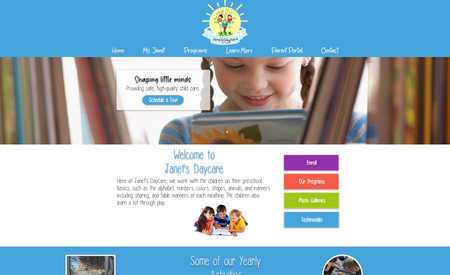 Janet's Daycare: Ms. Janet wanted a new website that expressed her personality as a teacher. She wanted to highlight the things that made her daycare special and stands out from all the rest. This custom daycare design is full of color and really shows how much love and fun everyone has at Ms. Janet's daycare.