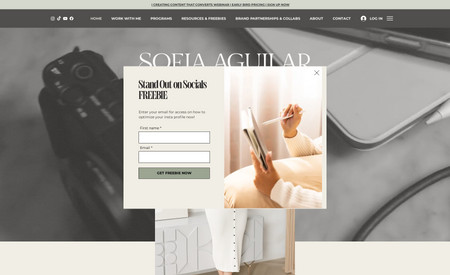 Sofia Aguilar Content Creation & Strategy: Sofia Aguilar's website is a testament to modernity, strategically positioning her as the expert in her field. The design reflects a contemporary aesthetic that seamlessly combines professionalism with a touch of personality. With a comprehensive array of services, courses, e-books, and a community forum, Sofia's website serves as a valuable resource for business owners seeking to confidently create compelling content for their online presence. The website embodies Sofia's own brand and values, emphasizing the importance of maintaining authenticity while achieving tangible results. It exudes confidence, encouraging visitors to embrace their unique voice while providing the tools and knowledge necessary to thrive in the digital landscape. Sofia Aguilar's website strikes the perfect balance between professionalism and approachability, making it an invaluable asset for entrepreneurs looking to elevate their online presence.